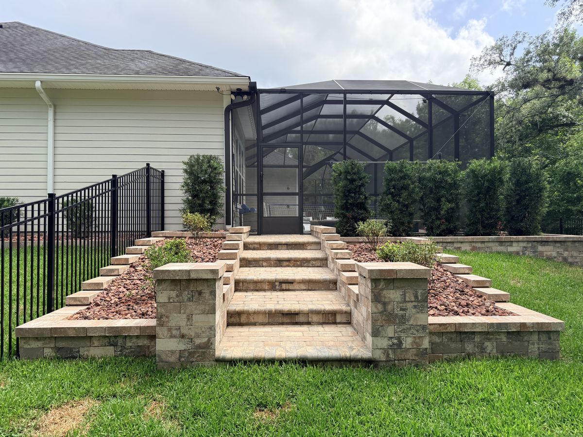 Travertine paver steps and retaining walls, World Golf Village FL